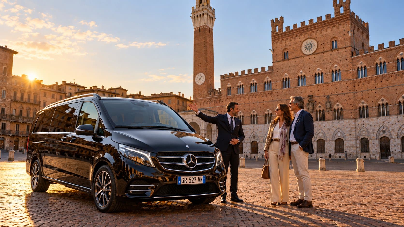 Chauffeur welcoming guests beside a black Mercedes van in Piazza del Campo, Siena