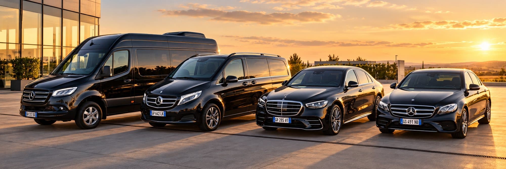 The Italy Limo fleet: Mercedes Sprinter, V-Class, S-Class and E-Class at sunset